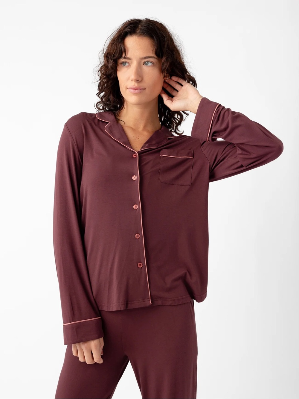 New Cozy Earth Bamboo Stretch-Knit Long Sleeve Pajama Top Small $78 Burgundy